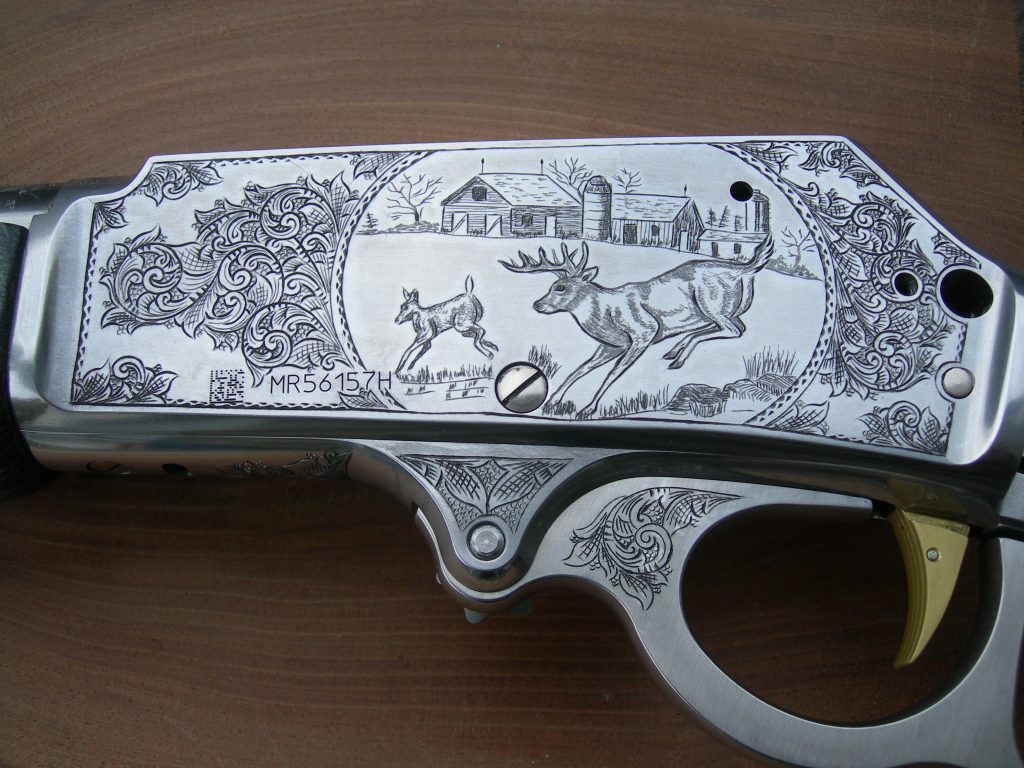A Marlin 1895 45/70 rifle featuring American Scrollwork, a farm scene, a Whitetail buck, and doe.