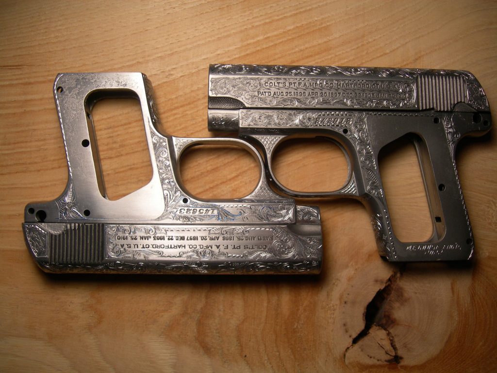 Work in progress of a pair of 1908 Colt 25 autos, ready to be nickel plated
