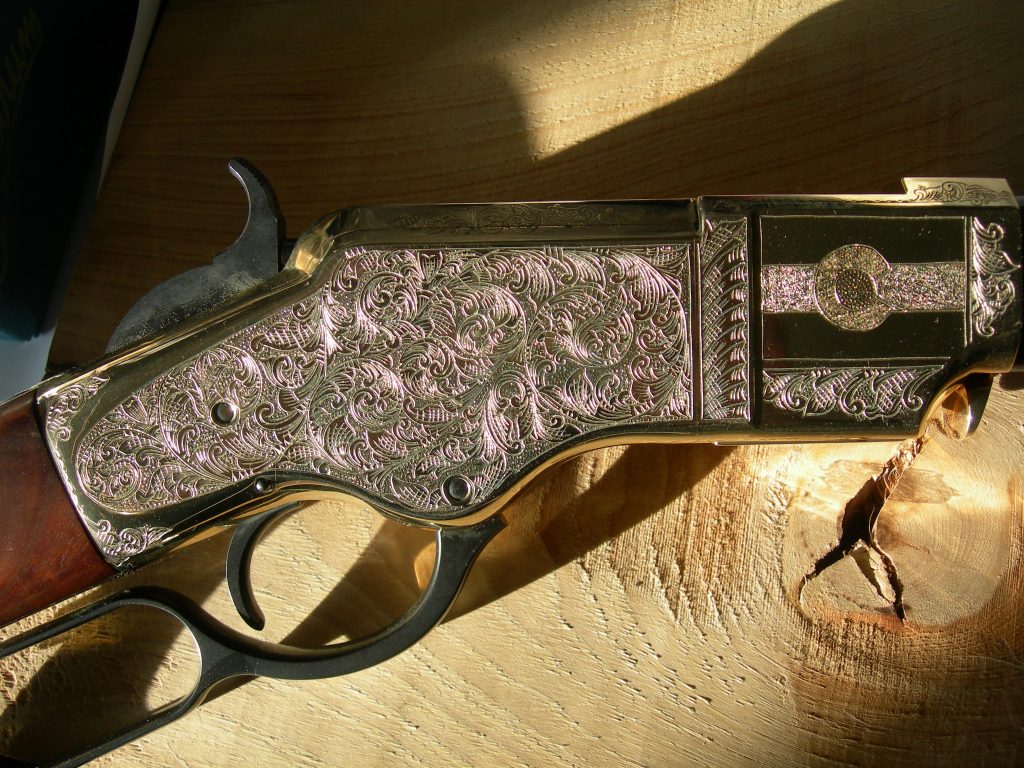 Engraving in the style of L. D. Nimschky featuring un-inked cuts on a Henry Rifle.